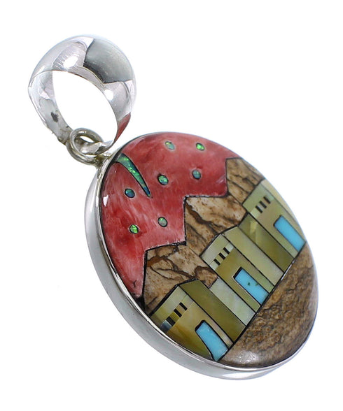 Sterling Silver Multicolor Native American Village Design Pendant RX94715